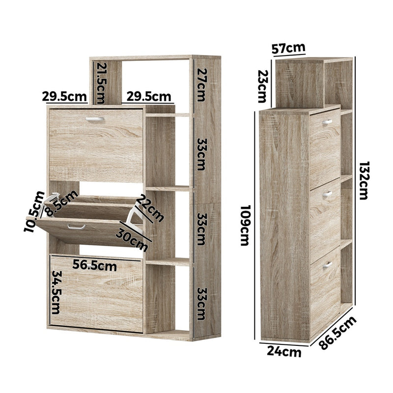 Oikiture Shoe Cabinet Storage 3 Doors with Display Shelves Wooden