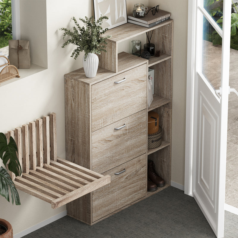 Oikiture Shoe Cabinet Storage 3 Doors with Display Shelves Wooden