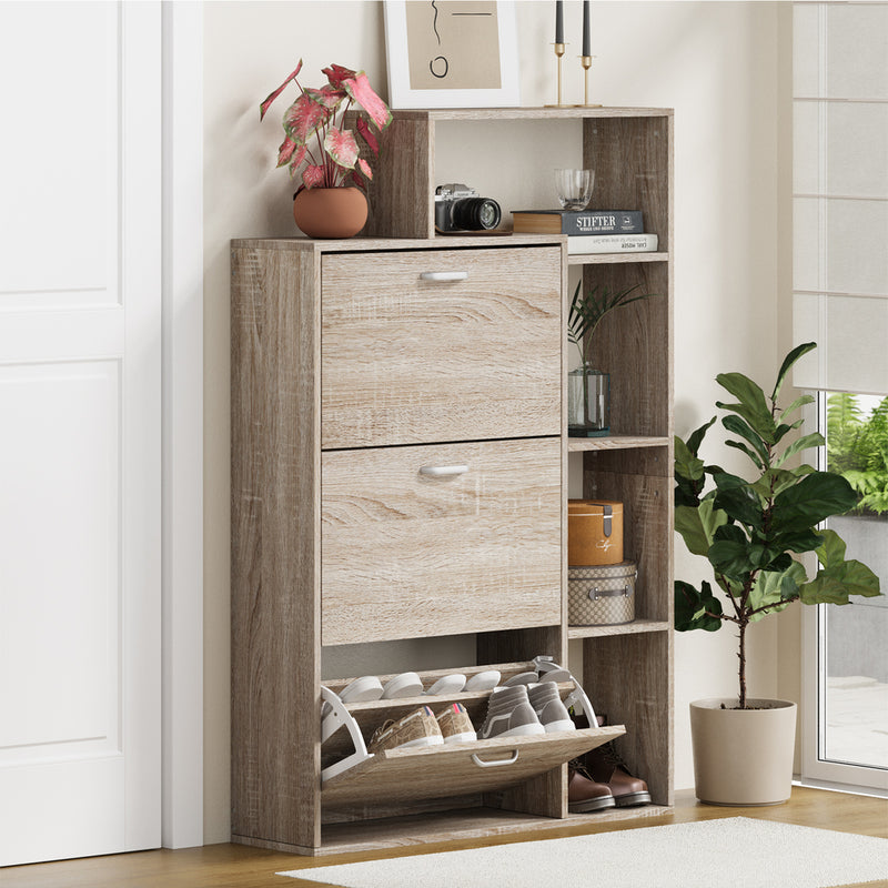 Oikiture Shoe Cabinet Storage 3 Doors with Display Shelves Wooden