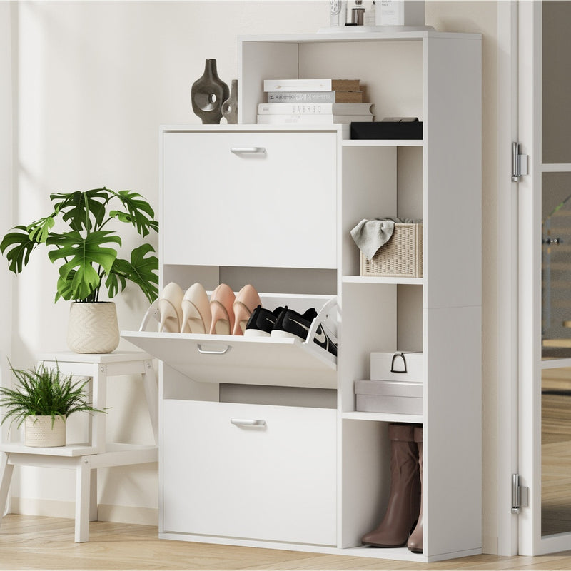 Oikiture Shoe Cabinet Storage 3 Doors with Display Shelves White