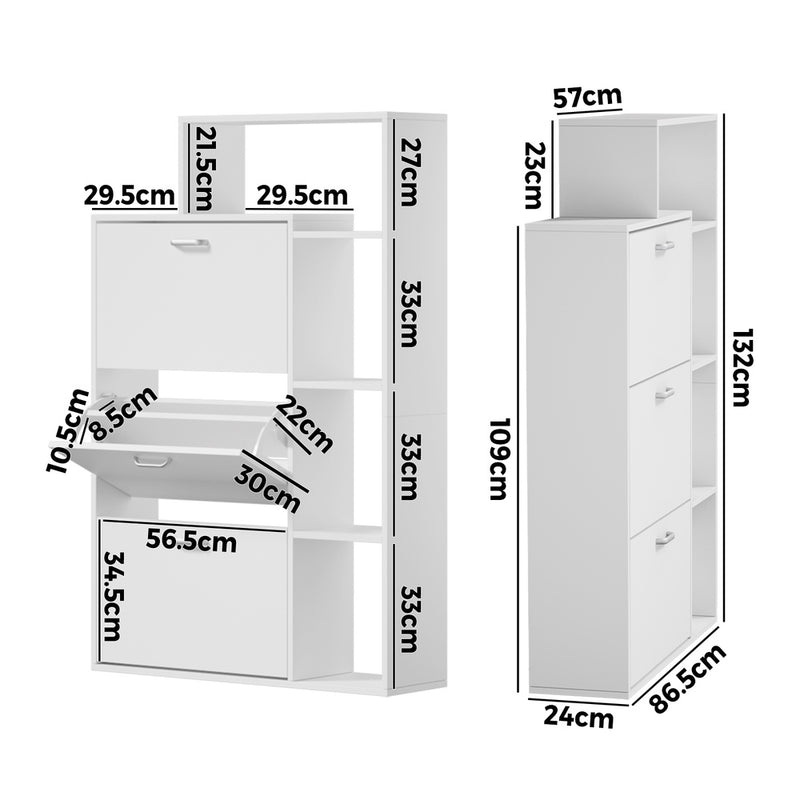 Oikiture Shoe Cabinet Storage 3 Doors with Display Shelves White