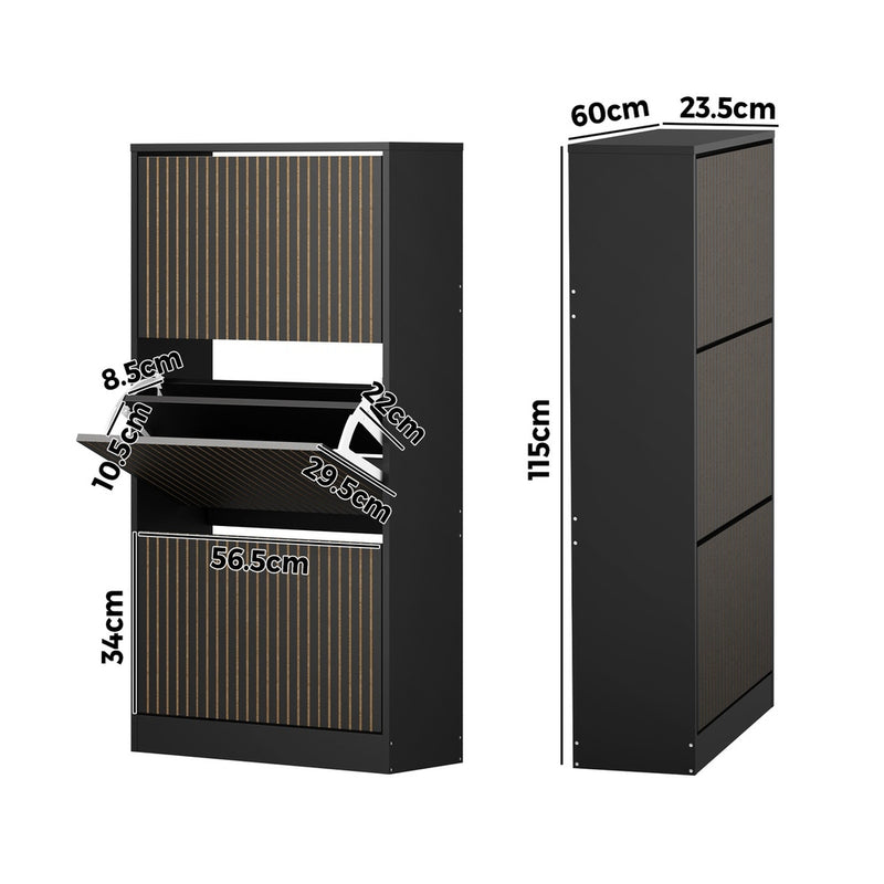 Oikiture Shoe Rack Storage Cabinet 3 Compartments Black