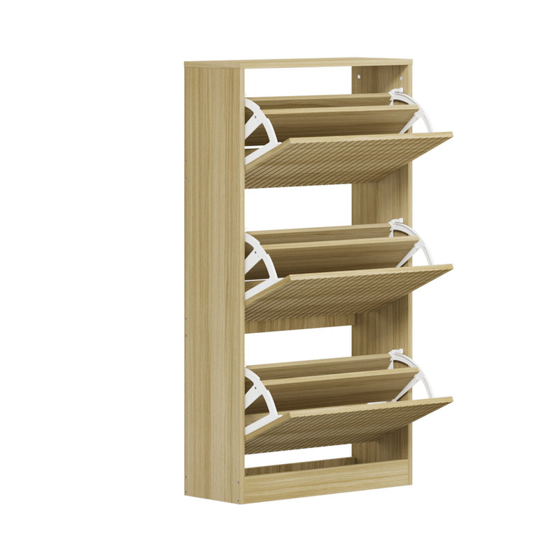 Oikiture Shoe Rack Storage Cabinet 3 Compartments Natural