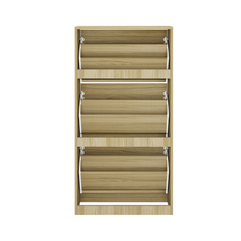 Oikiture Shoe Rack Storage Cabinet 3 Compartments Natural