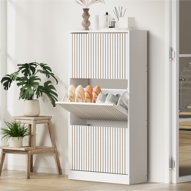 Oikiture Shoe Rack Storage Cabinet 3 Compartments White