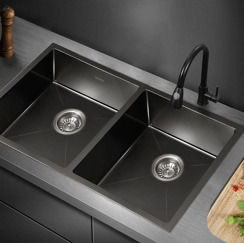 Welba Kitchen Sink Stainless Steel Basin Double Flush Mount Black