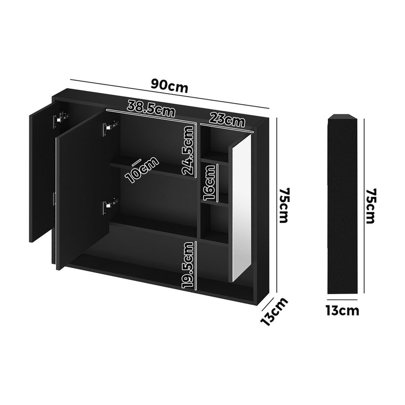 Welba Bathroom Mirror Cabinet LED Wall Storage 900x750mm Black