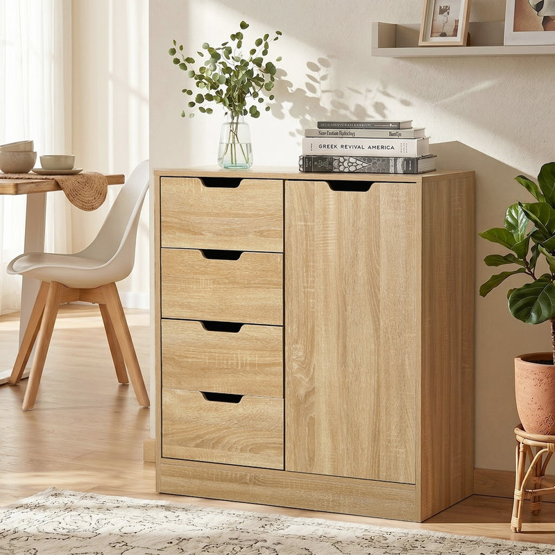 Oikiture Storage Cabinet Buffet 4 Drawer Freestanding Cupboard Natural