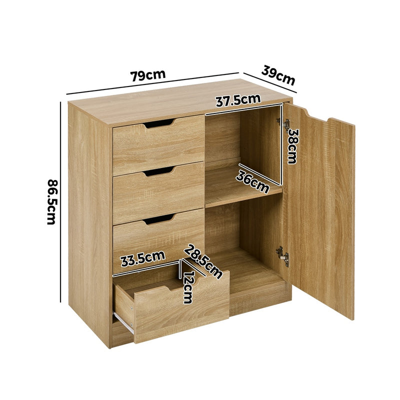 Oikiture Storage Cabinet Buffet 4 Drawer Freestanding Cupboard Natural