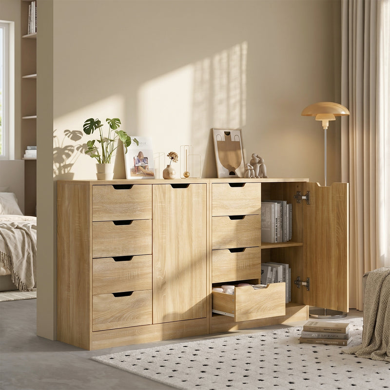 Oikiture Storage Cabinet Buffet 4 Drawer Freestanding Cupboard Natural