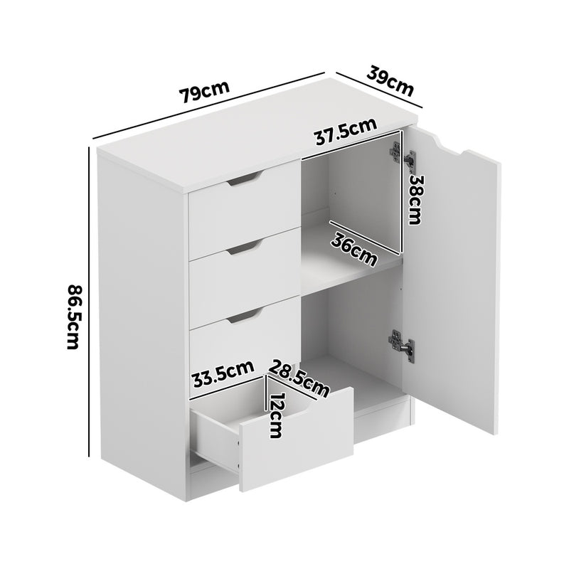 Oikiture Storage Cabinet Buffet 4 Drawer Freestanding Cupboard White