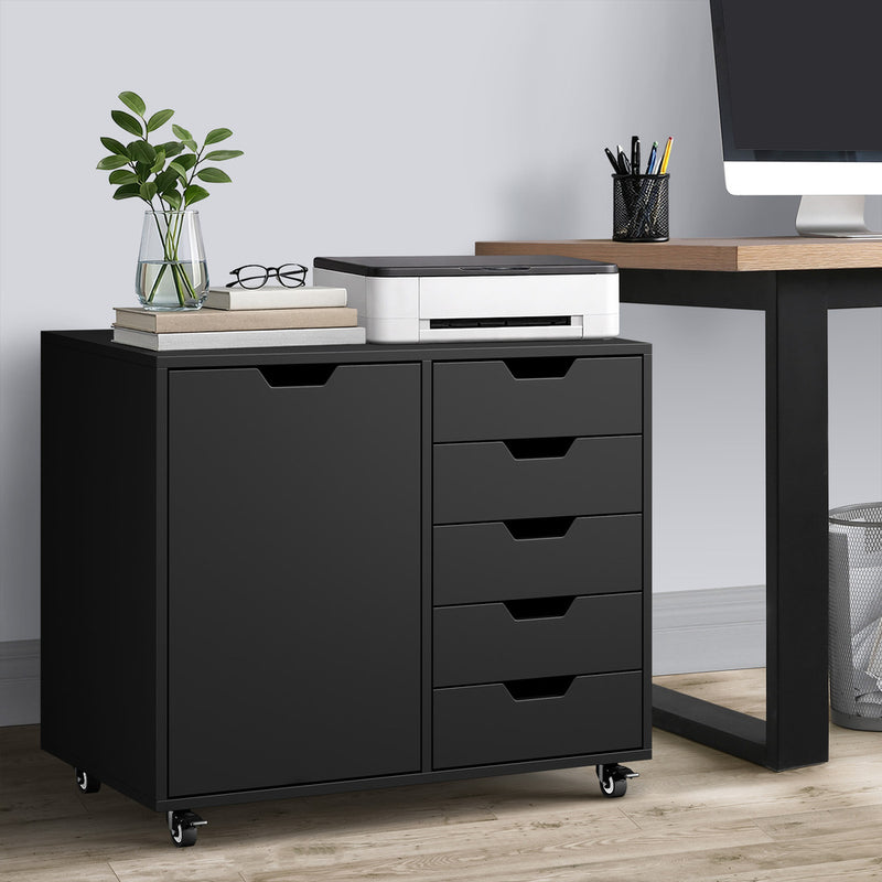 Oikiture Filing Cabinet 1 Door 5 Drawer Mobile Office Storage Black