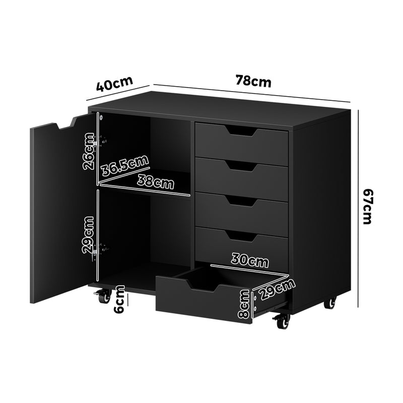 Oikiture Filing Cabinet 1 Door 5 Drawer Mobile Office Storage Black