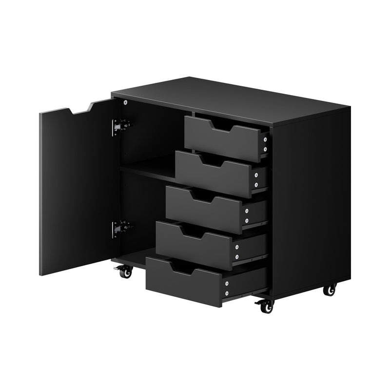 Oikiture Filing Cabinet 1 Door 5 Drawer Mobile Office Storage Black