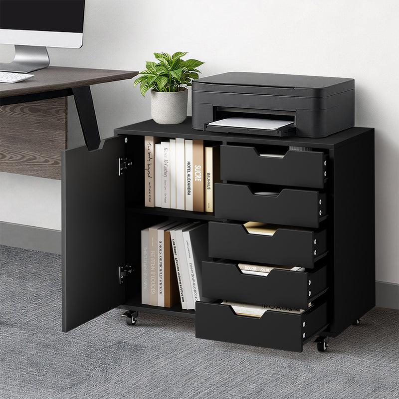 Oikiture Filing Cabinet 1 Door 5 Drawer Mobile Office Storage Black