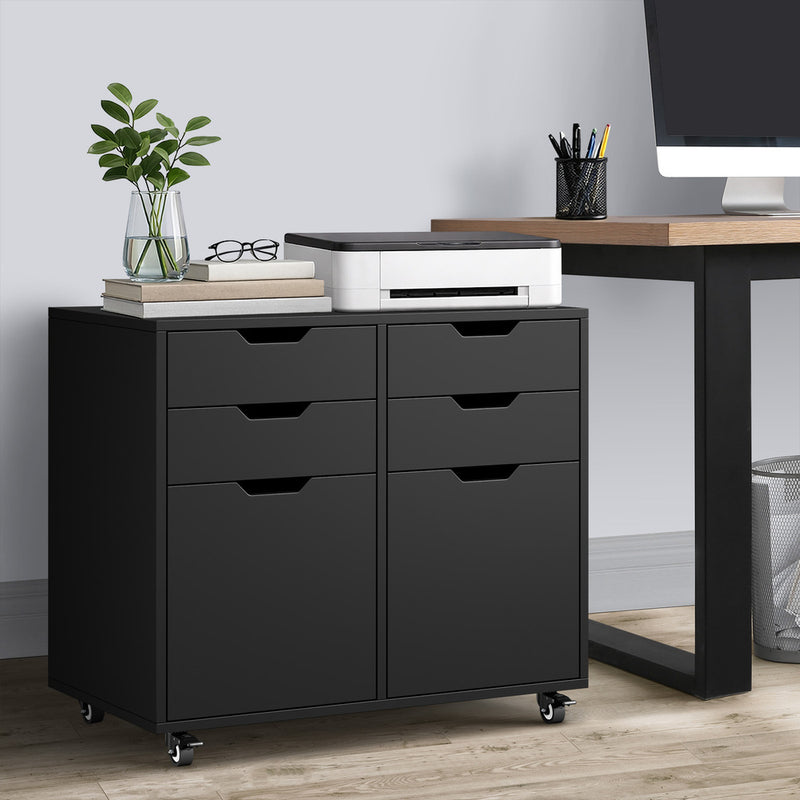 Oikiture Filing Cabinet 2 Door 4 Drawer Mobile Office Storage Black