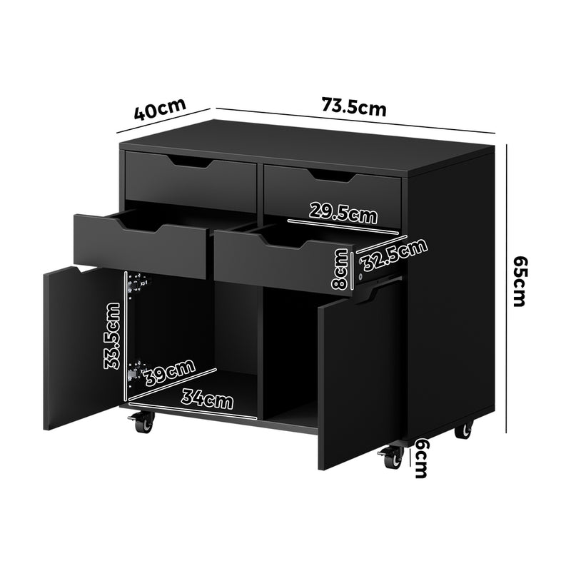 Oikiture Filing Cabinet 2 Door 4 Drawer Mobile Office Storage Black