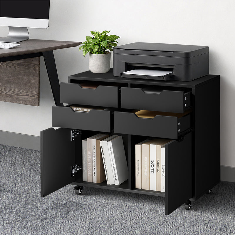 Oikiture Filing Cabinet 2 Door 4 Drawer Mobile Office Storage Black