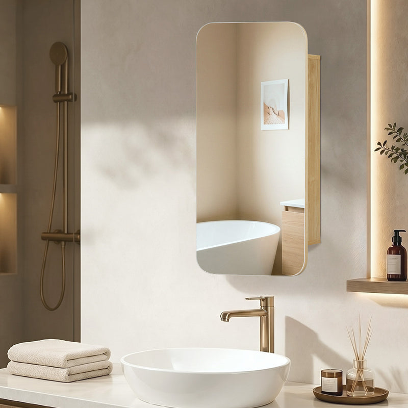 Welba Bathroom Mirror Cabinet 3-Tier Adjustable Shelves Natural
