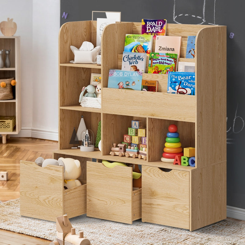 Oikiture Kids Bookcase Toy Organiser with Chest Natural
