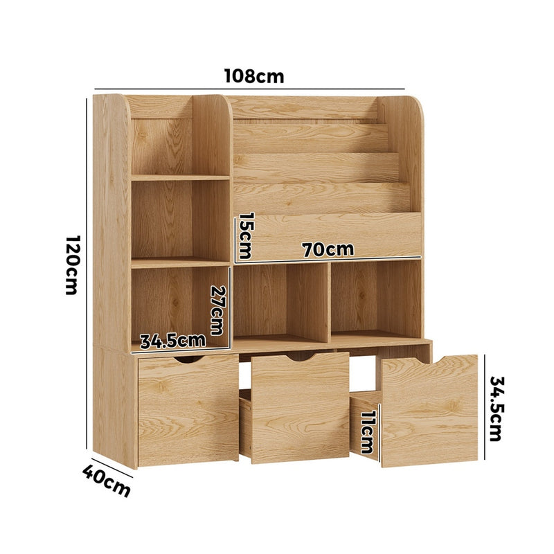 Oikiture Kids Bookcase Toy Organiser with Chest Natural