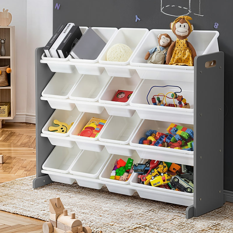 Oikiture Kids Toy Box Organiser 16 Bins Shelf Removable Drawer Grey