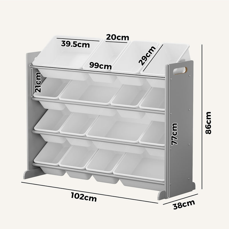 Oikiture Kids Toy Box Organiser 16 Bins Shelf Removable Drawer Grey