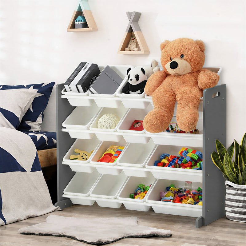 Oikiture Kids Toy Box Organiser 16 Bins Shelf Removable Drawer Grey
