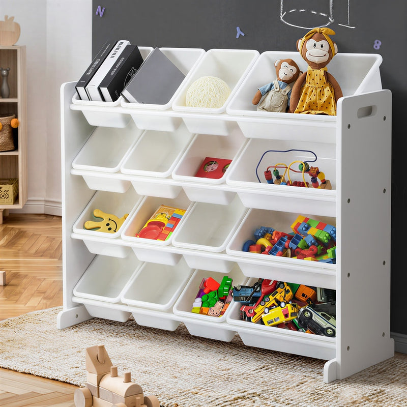 Oikiture Kids Toy Box Organiser 16 Bins Shelf Removable Drawer White