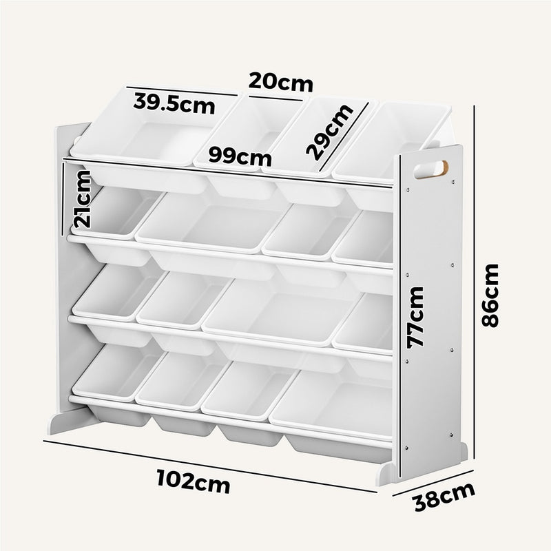 Oikiture Kids Toy Box Organiser 16 Bins Shelf Removable Drawer White