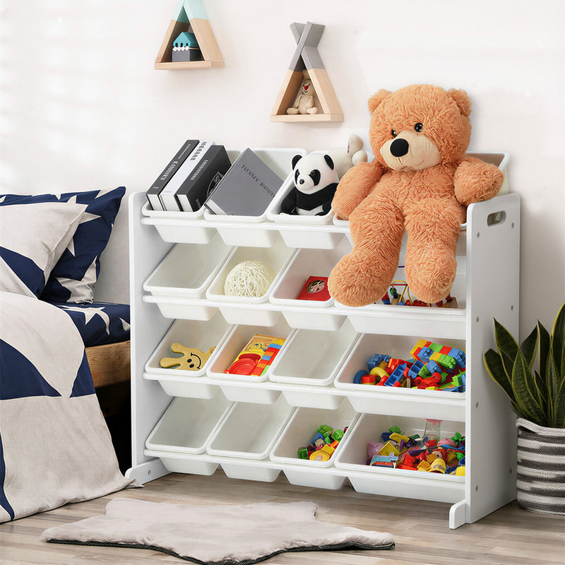 Oikiture Kids Toy Box Organiser 16 Bins Shelf Removable Drawer White