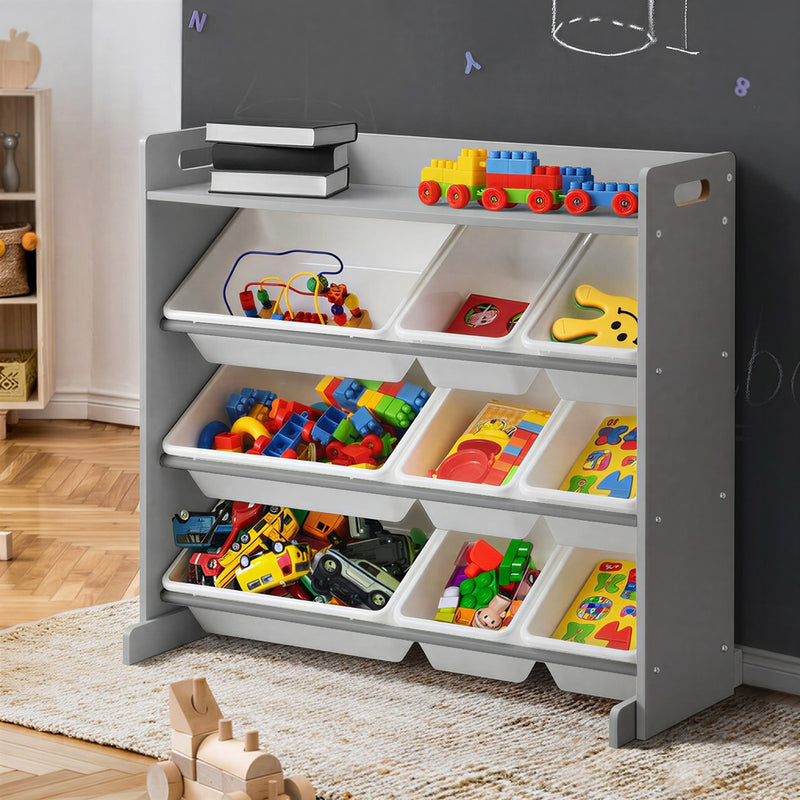 Oikiture 9 Bins Kids Toy Box Bookshelf Storage Organiser Shelf Grey