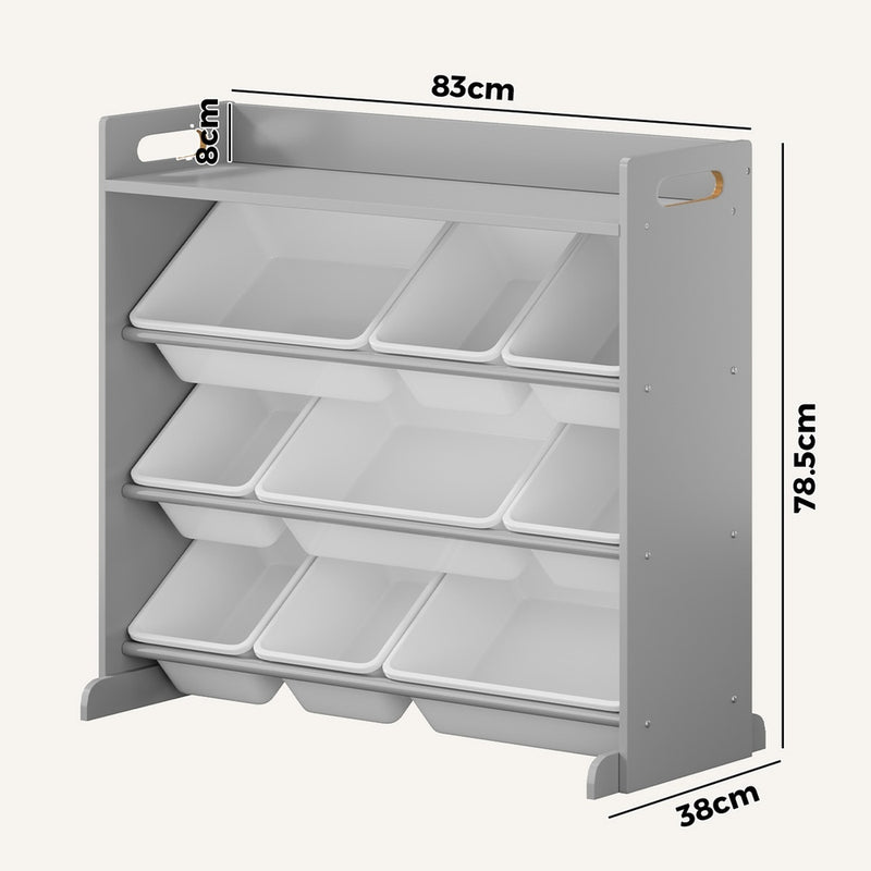 Oikiture 9 Bins Kids Toy Box Bookshelf Storage Organiser Shelf Grey
