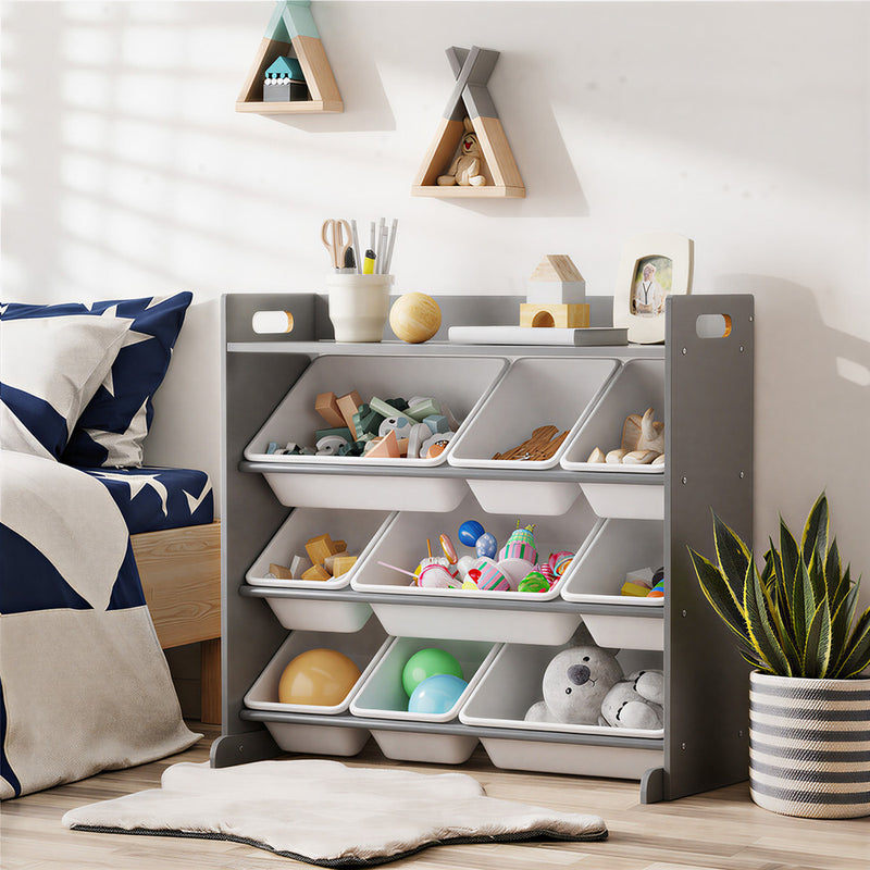 Oikiture 9 Bins Kids Toy Box Bookshelf Storage Organiser Shelf Grey
