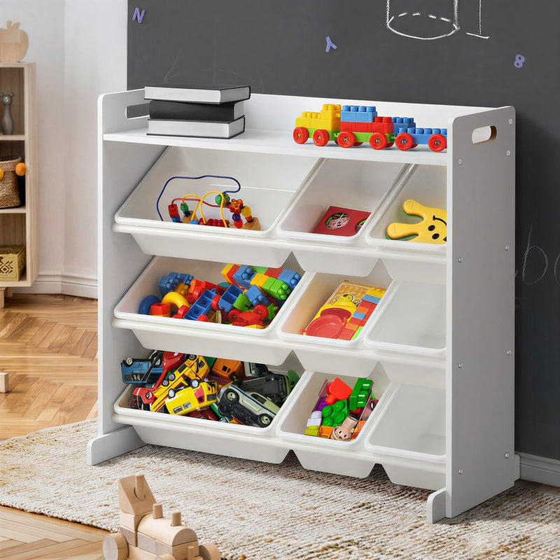Oikiture 9 Bins Kids Toy Box Bookshelf Storage Organiser Shelf White