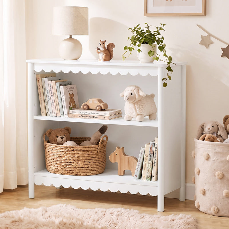 Oikiture Kids Storage Bookshelf 2 Tier Shelf Scalloped Edge White