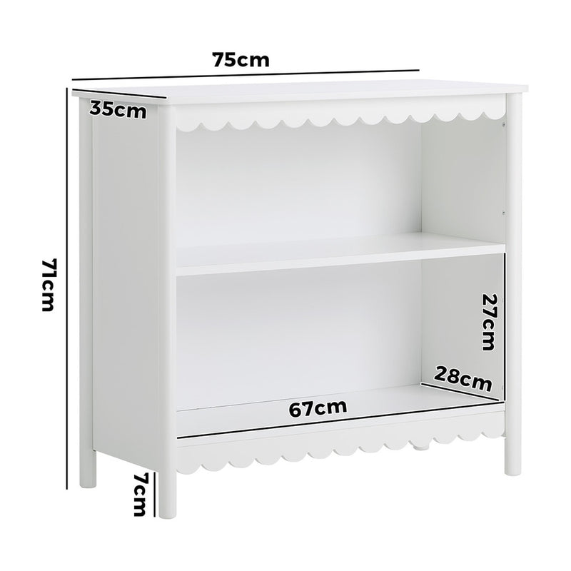 Oikiture Kids Storage Bookshelf 2 Tier Shelf Scalloped Edge White