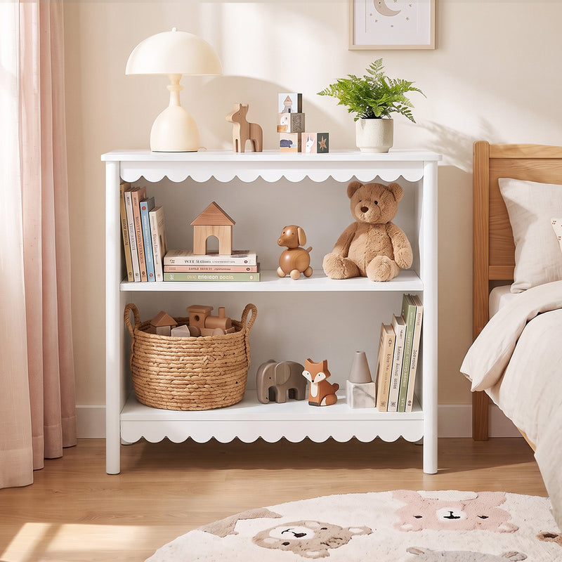 Oikiture Kids Storage Bookshelf 2 Tier Shelf Scalloped Edge White