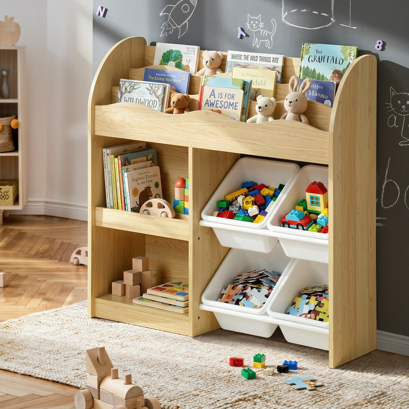 Oikiture Kids Bookshelf 4 Bins Toy Box Storage Organiser Display Shelf
