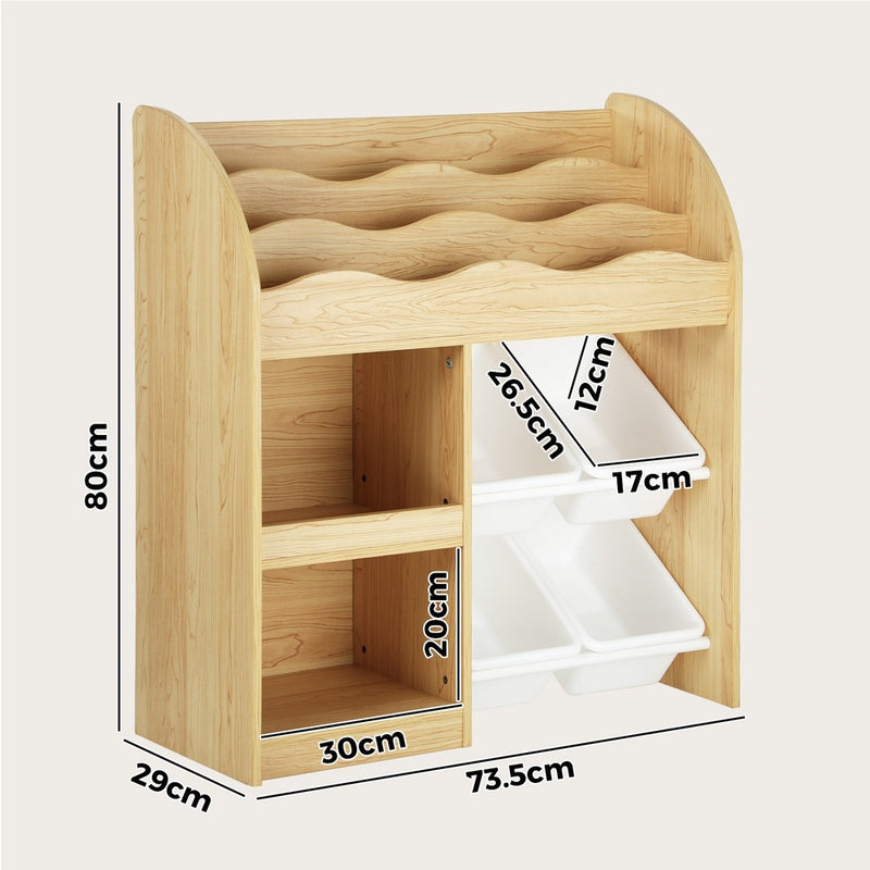 Oikiture Kids Bookshelf 4 Bins Toy Box Storage Organiser Display Shelf