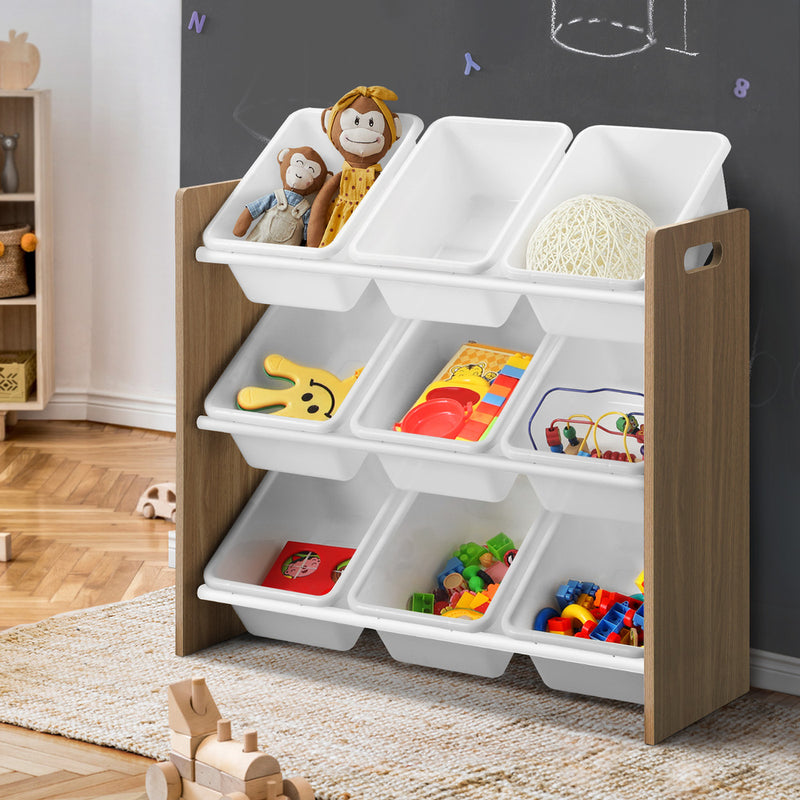 Oikiture Kids Toy Box Organiser 9 Bins Storage Rack Natural White