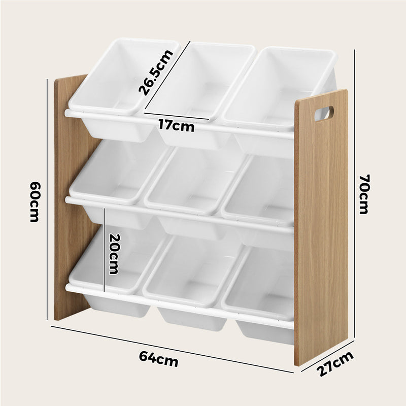 Oikiture Kids Toy Box Organiser 9 Bins Storage Rack Natural White