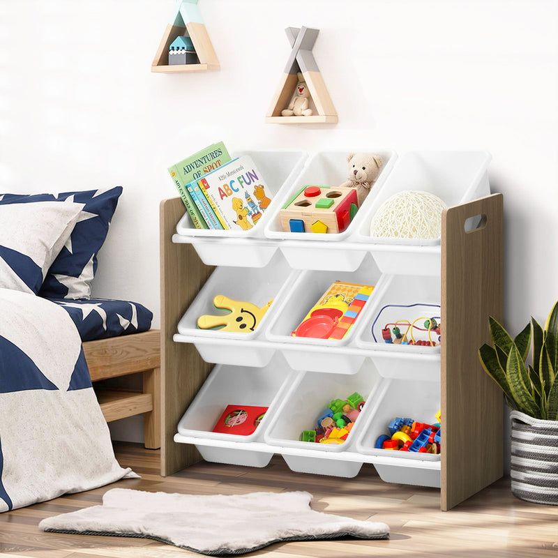 Oikiture Kids Toy Box Organiser 9 Bins Storage Rack Natural White