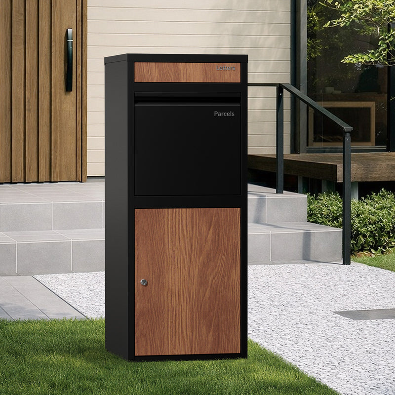 Oikiture Steel Parcel Letterbox Package Lockable Storage Walnut&Black