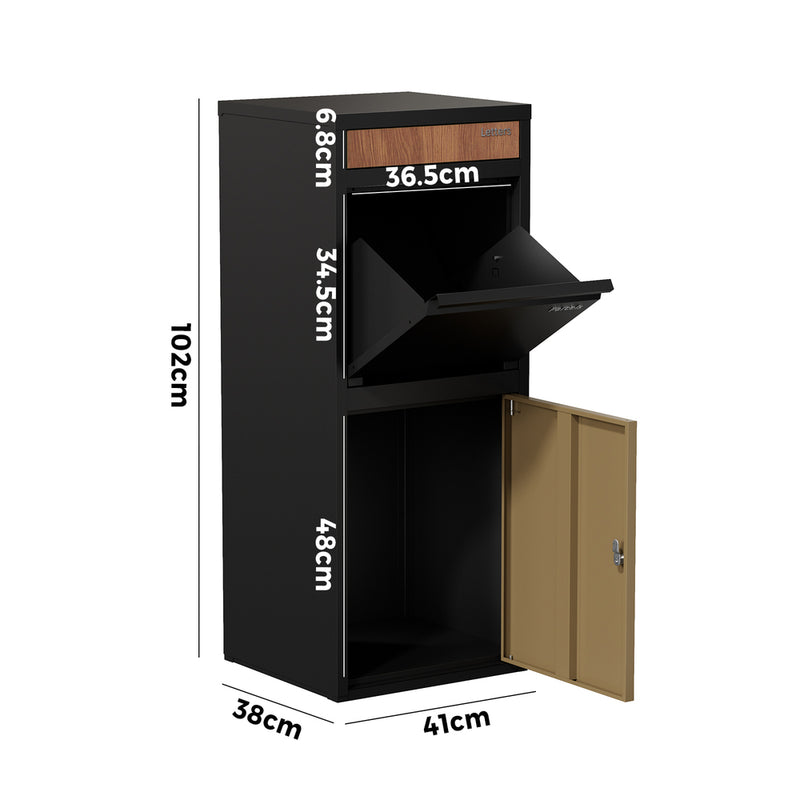 Oikiture Steel Parcel Letterbox Package Lockable Storage Walnut&Black