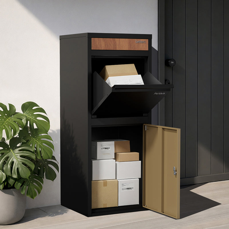 Oikiture Steel Parcel Letterbox Package Lockable Storage Walnut&Black