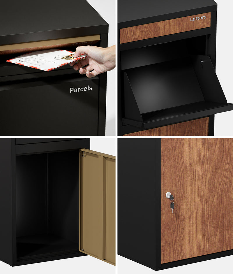 Oikiture Steel Parcel Letterbox Package Lockable Storage Walnut&Black