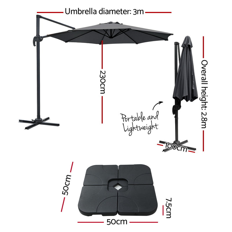 Instahut 3m Outdoor Umbrella w/Base Cantilever Beach Roma 360 Degree Tilt Charcoal