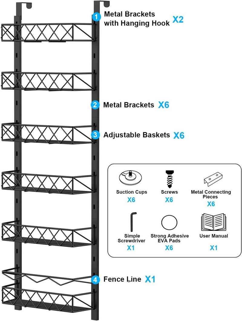 6 Tier Adjustable Baskets Over Door Pantry Organiser for Home Kitchen