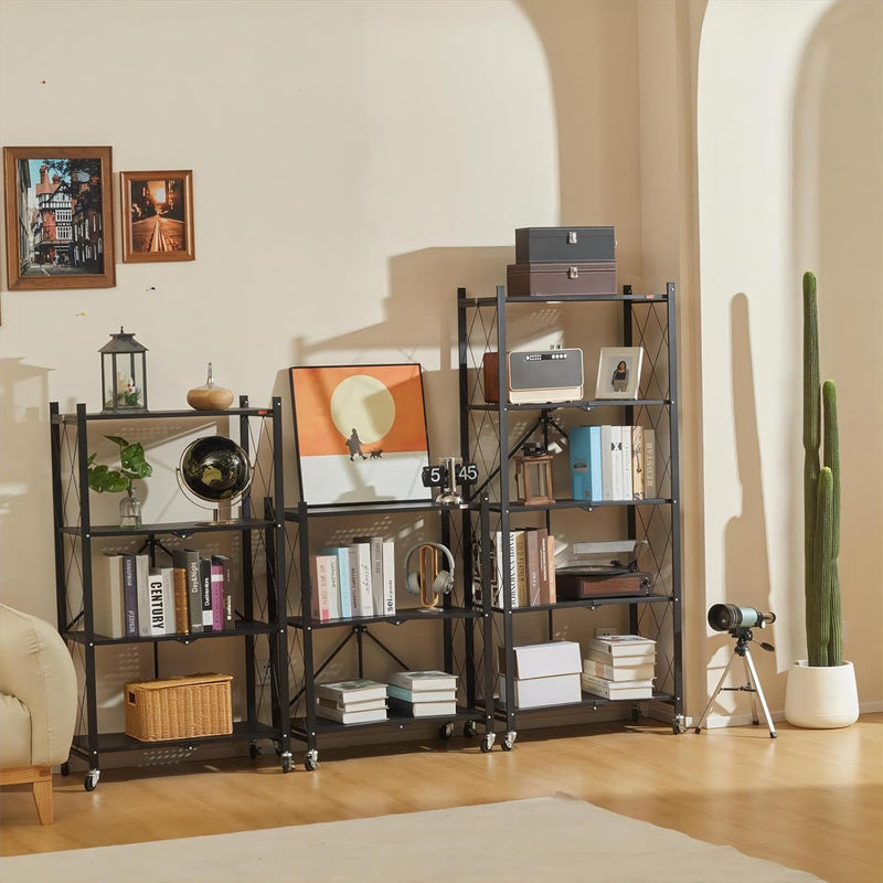 CARLA HOME 4-Tier Foldable Storage Shelf with Wheels for Kitchen, Garage, Pantry or Basement (Black)